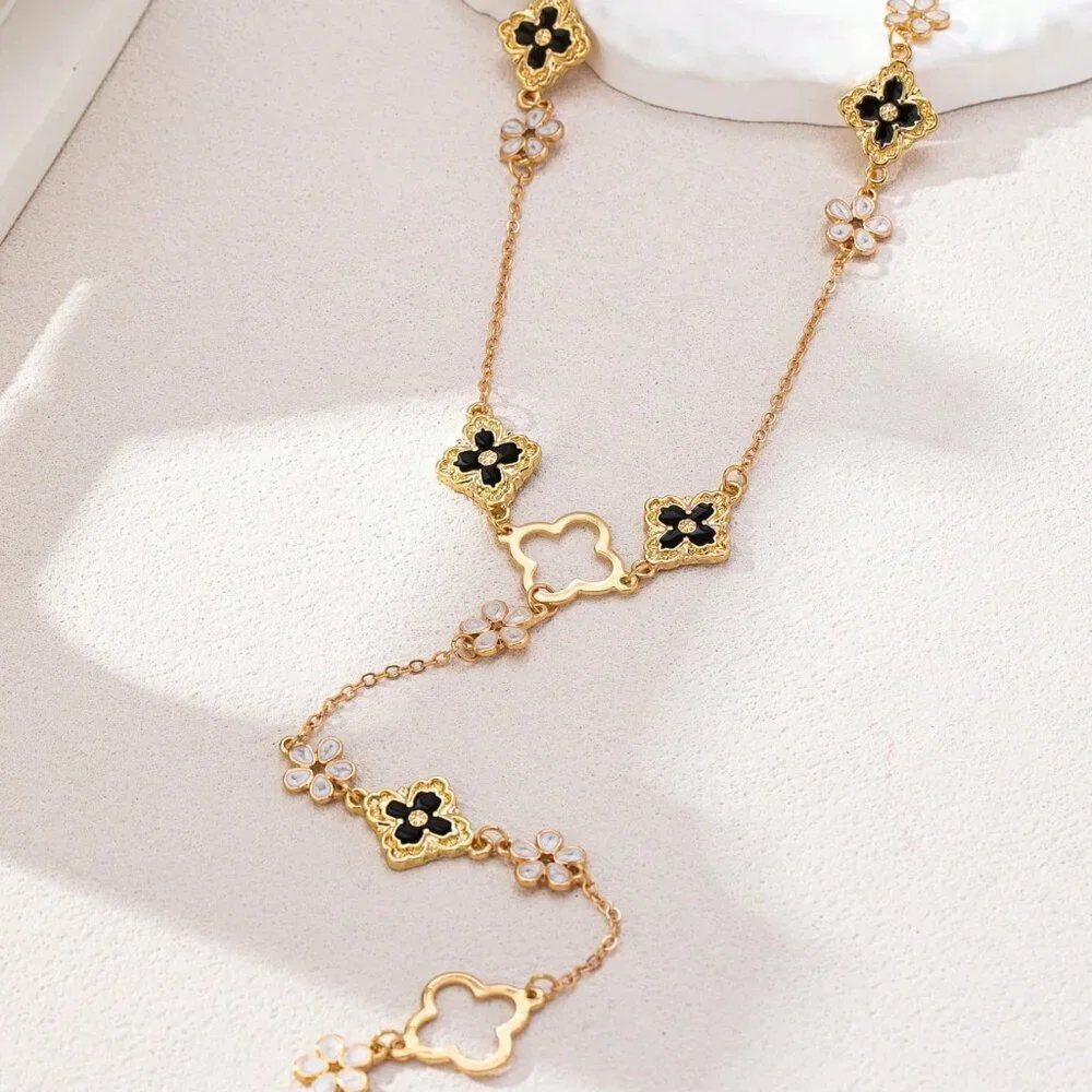 Yellow Gold Sexy Women's Lucky 5-Petal Flower Y-Shaped Long Necklace